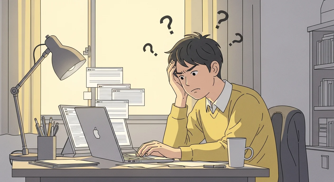 AIツール選びに迷う日本人男性のイラスト
