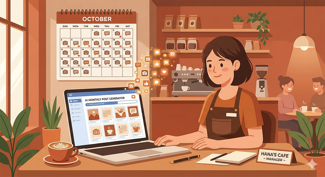 カフェチェーンのAI導入でSNS運用工数を80%削減した事例のイメージ