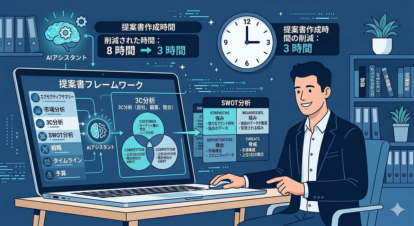 経営コンサル会社のAI導入で提案書作成時間を半減した事例のイメージ
