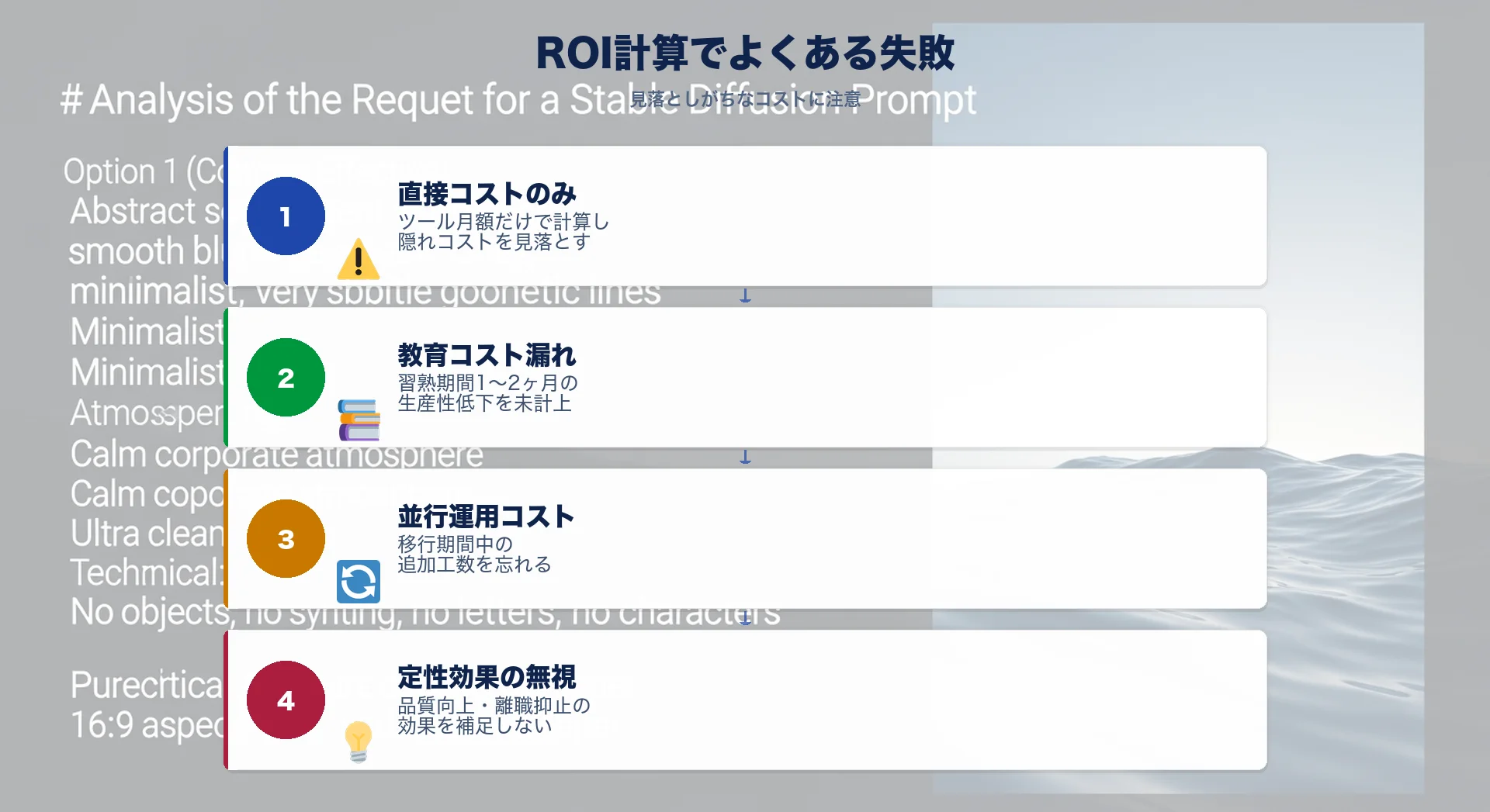 ROI計算でよくある失敗パターンのイメージ