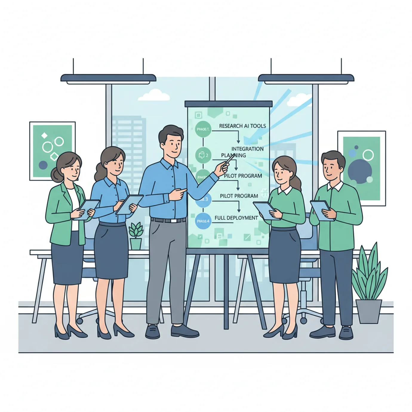 社内AI推進担当者がチームに説明しているイラスト