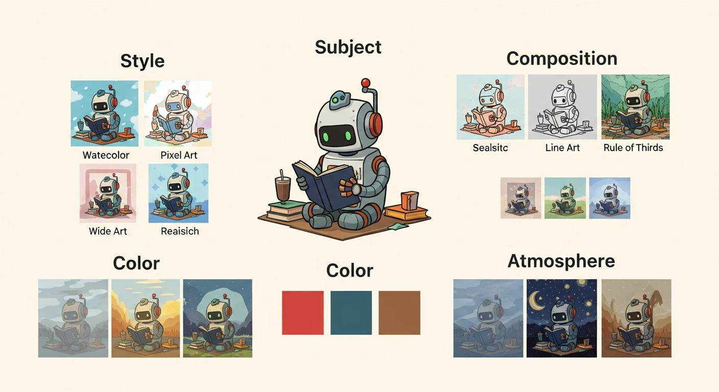 AI画像生成プロンプトの5要素を示す図解