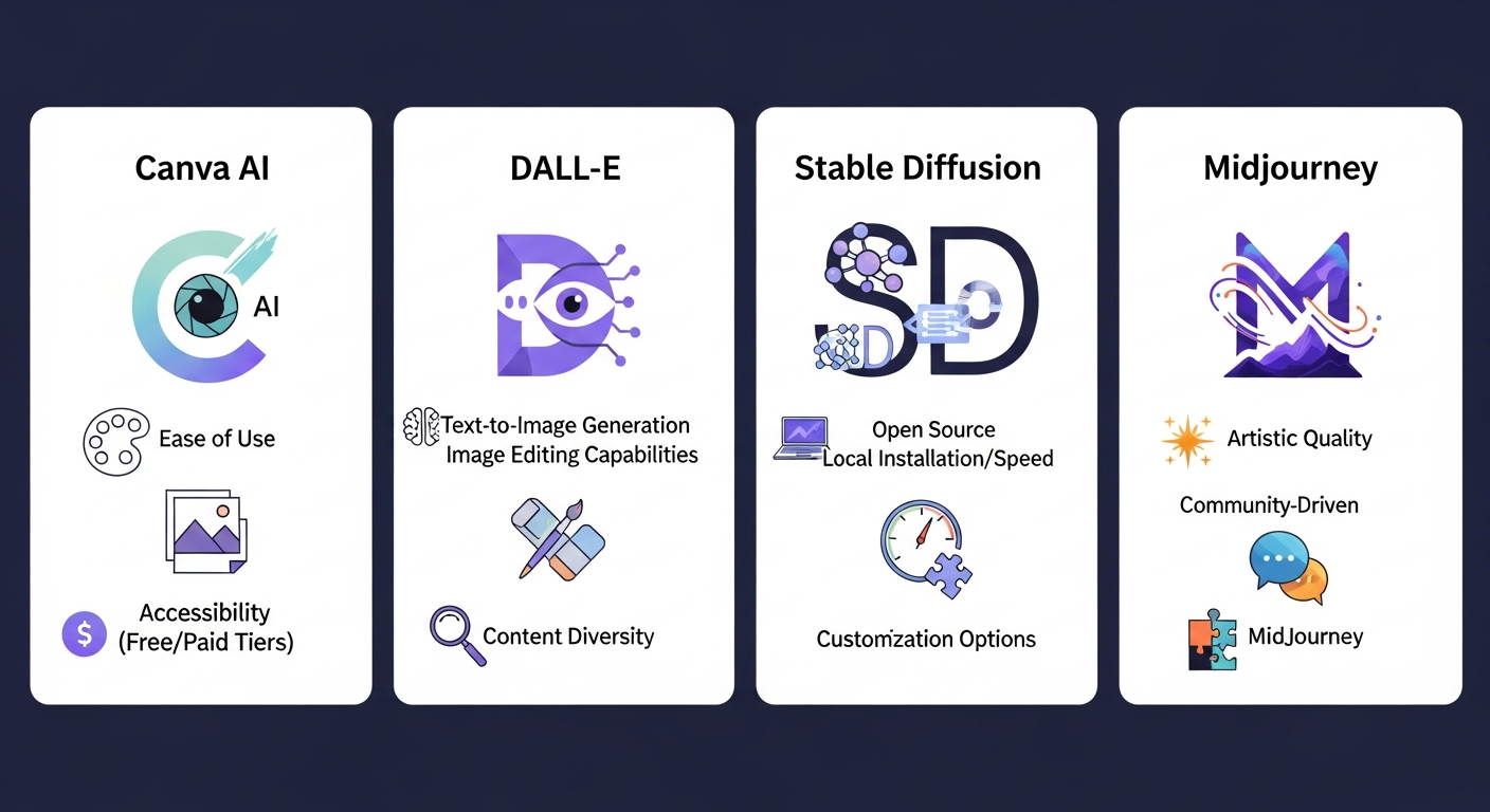 Canva AI・DALL-E・Stable Diffusion・Midjourneyのツール比較カード