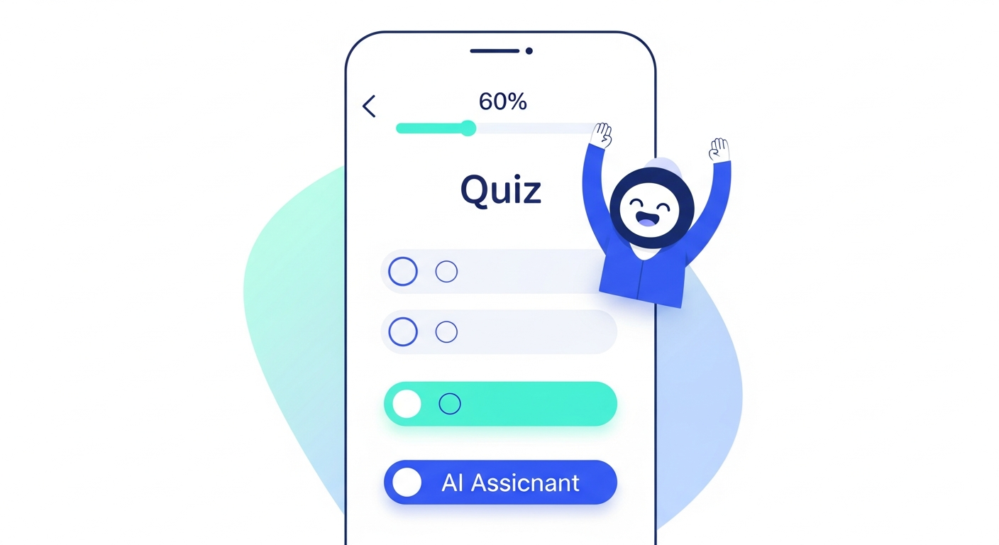 スマホで診断クイズを進めている画面とAIアシスタントキャラクター
