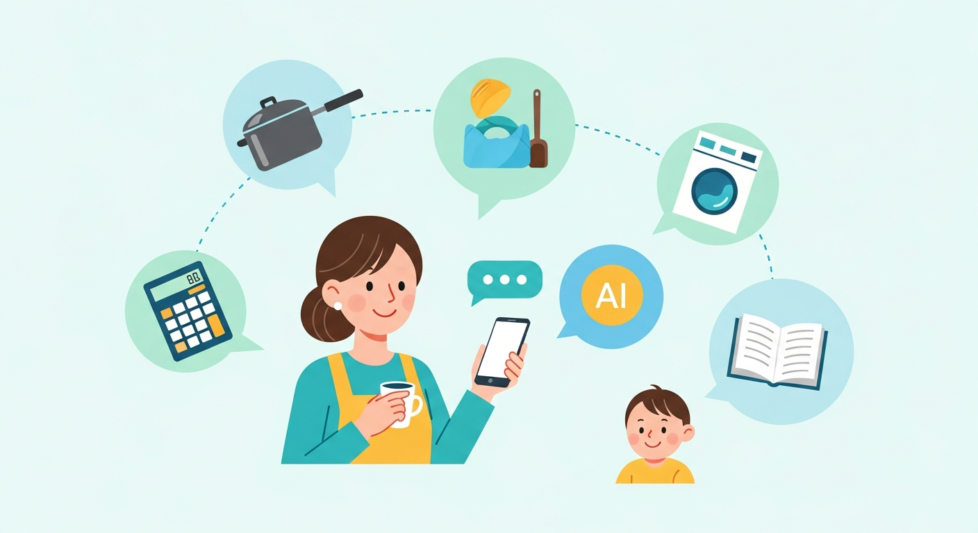 スマホでAIと会話しながら家事を進める主婦のイラスト