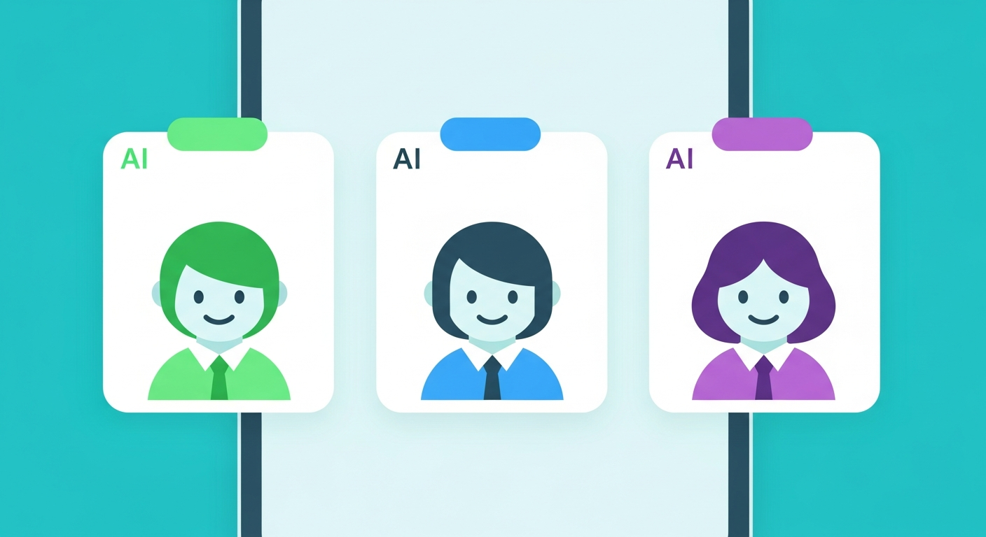 3つのAIツールカードが並ぶ選択画面のイラスト