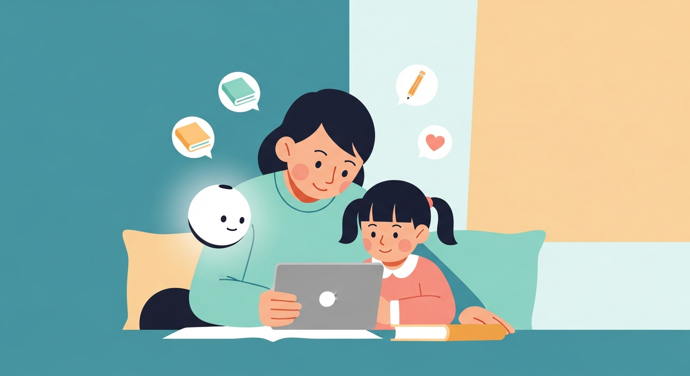 親子で仲良くAIを使う温かみのあるイラスト