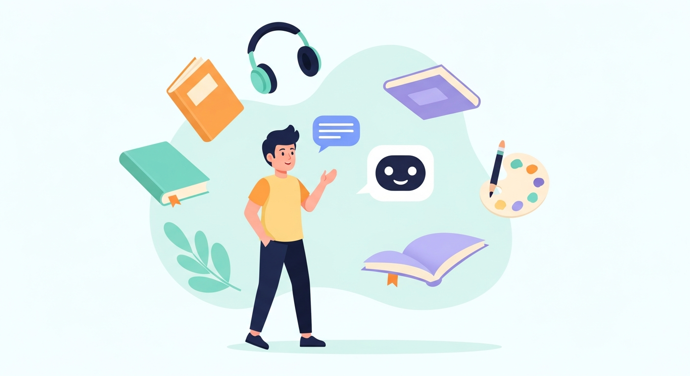 学びと趣味を楽しむAI活用のイラスト